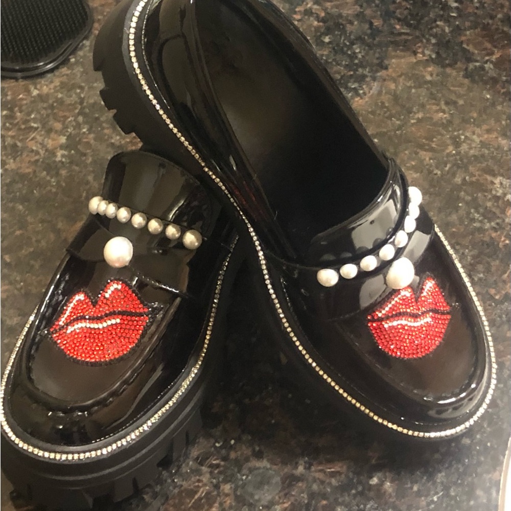 Custom Black Patent Leather Loafers with Red Lip Design